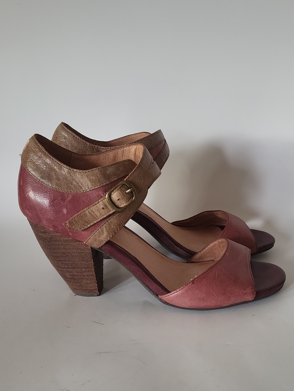 Miz Mooz Vintage Leather Colorblock Heeled Sandals Ankle Strap Size 8.5